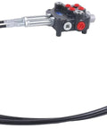 Hydraulic control valve kit with two-spool valve, two hoses, and a cable remote joystick.