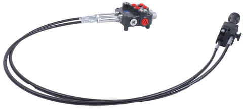 Hydraulic control valve kit with two-spool valve, two hoses, and a cable remote joystick.