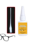 Glasses Repair Glue For Instant Bonding Of Eyeglass Frames With A Fine Tip Applicator, bottle with applicator and glasses.