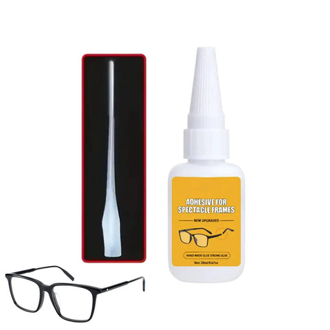 Glasses Repair Glue For Instant Bonding Of Eyeglass Frames With A Fine Tip Applicator, bottle with applicator and glasses.