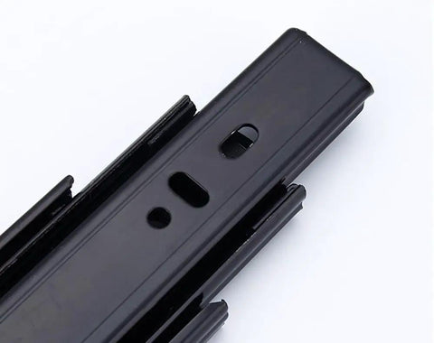 Close-up of Heavy Duty Soft Close Drawer Slides With Full Extension Three Fold Side Hanging Ball Bearing Rails 550mm 22 Inch Black