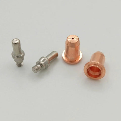 Premium 24-Piece Plasma Cutting Consumables Kit For PT40 CUT55 CUT65 Torches showing copper nozzles and steel tips.