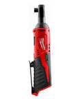 M12 Cordless Three-Eighths Inch Ratchet, Lightweight Auto Repair Wrench for Mechanics, side view of red and black tool