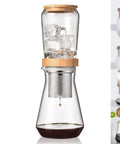 Top Shelf 800 Milliliter Glass Ice Drip Cold Brew Coffee Maker With Smooth Flow Filter Carafe with ice and brewed coffee visible