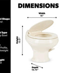 Low Profile Toilet With Full Size Residential Seat And Triple Jet Bowl Rinse Gravity Flush One Pint Per Flush Lightweight Polypropylene 301 Series Bone, shown with dimensions.