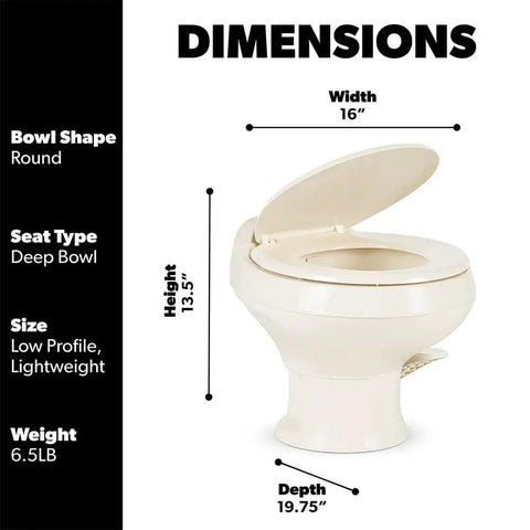 Low Profile Toilet With Full Size Residential Seat And Triple Jet Bowl Rinse Gravity Flush One Pint Per Flush Lightweight Polypropylene 301 Series Bone, shown with dimensions.