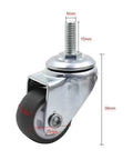 Close-up of 1 inch swivel stem caster wheel with M6 x 15mm threaded stem, designed for durability, showing dimensions and metal frame.