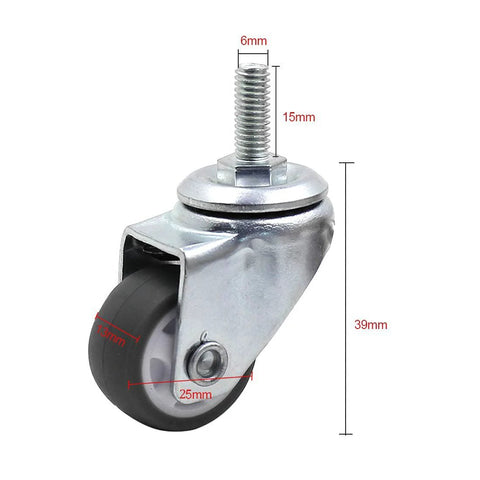 Close-up of 1 inch swivel stem caster wheel with M6 x 15mm threaded stem, designed for durability, showing dimensions and metal frame.