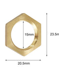Pro Grade Brass Hex Lock Nut, 3/8 Inch NPT Female Pipe Thread Fitting, measuring 20.5mm x 23.5mm x 15mm for plumbing use.
