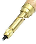 Adjustable Hole Punch showing brass and steel construction for bookbinding and crafts with six punch sizes 1.5mm to 4mm wood handle