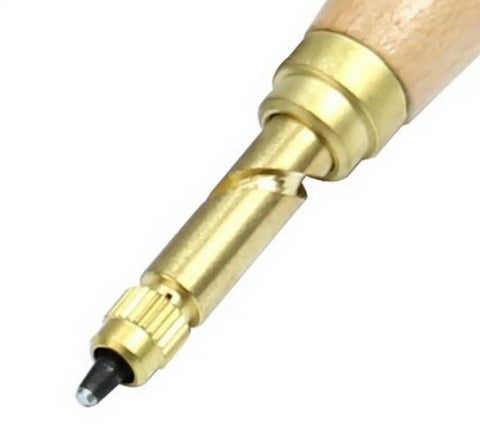 Adjustable Hole Punch showing brass and steel construction for bookbinding and crafts with six punch sizes 1.5mm to 4mm wood handle