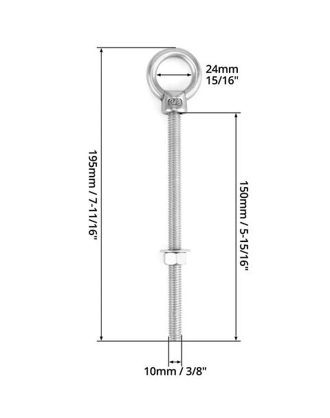 316 Stainless Steel Machinery Eye Bolt With Shoulder 3 Eighths Inch By 6 Inches Long Marine Grade Eyebolt Pack Of 5 Threaded Eyebolts Corrosion Resistant Lifting Hardware WD30279 front view with dimensions.
