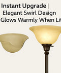 Alabaster Amber Glass Lamp Shade Replacement For Floor Lamps With E26 Medium Base Socket Torchiere globe shown unlit and lit.