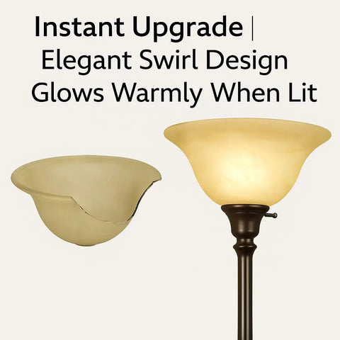 Alabaster Amber Glass Lamp Shade Replacement For Floor Lamps With E26 Medium Base Socket Torchiere globe shown unlit and lit.