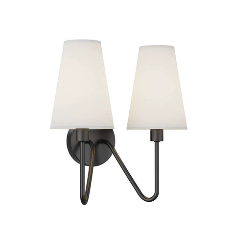 Two Light Wall Sconce Fixture In Black With Cream White Linen Lamp Shades, E12 Candelabra Base, 40W Max Per Bulb, Classic Double Head Design