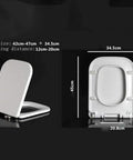 Heavy Duty Square Toilet Seat Boasting Dead Quiet Soft Close Hinges And Ridiculously Simple Quick Release Hardware Painted In Crisp White Durable Duroplast For Standard Bathrooms dimensions shown