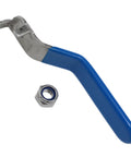 Stainless Steel Water Valve Handle DN20 Ball Valve Handle with blue grip and nut, outdoor plumbing accessory.