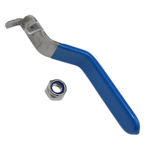 Stainless Steel Water Valve Handle DN20 Ball Valve Handle with blue grip and nut, outdoor plumbing accessory.