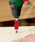 Heavy Duty Two Piece Adjustable Drill Bit Depth Stop Collar Kit Machined From Solid Aluminum Alloy attached to a drill bit in wood.