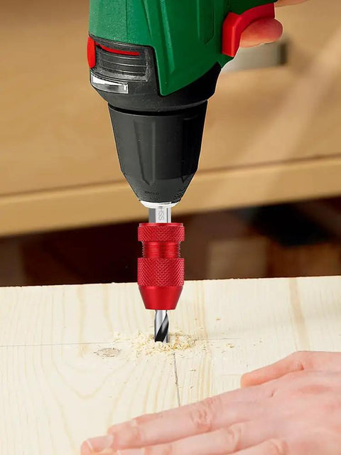 Heavy Duty Two Piece Adjustable Drill Bit Depth Stop Collar Kit Machined From Solid Aluminum Alloy attached to a drill bit in wood.