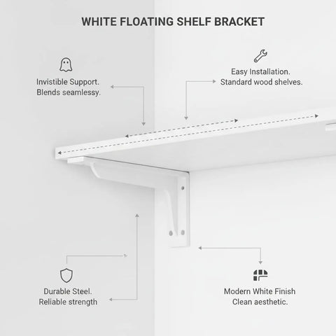 5.91 Inch White Steel Floating Shelf Bracket With Hidden Mount For Wall Shelves Minimalist Design Sturdy Support