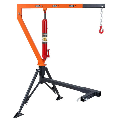 Beefy Heavy Duty Receiver Hitch Mounted Hydraulic Swivel Crane for Trucks with telescoping boom and 1500 lb lift capacity shown