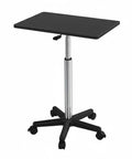 Flexible Mobile Standing Desk With Smooth Rolling Wheels And No Sweat Height Adjustments Solid Flat Top Laptop Table For Home Office Remote Grind And Casual Reading Corner Setup on a sleek black base.