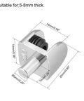 Top Shelf Zinc Alloy Glass Shelf Brackets, 4 Pack Shaft Mount Clamps for 5 to 8mm thick glass with measurement details.