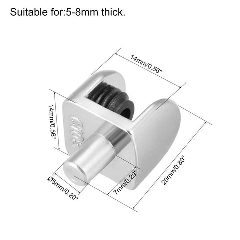 Top Shelf Zinc Alloy Glass Shelf Brackets, 4 Pack Shaft Mount Clamps for 5 to 8mm thick glass with measurement details.