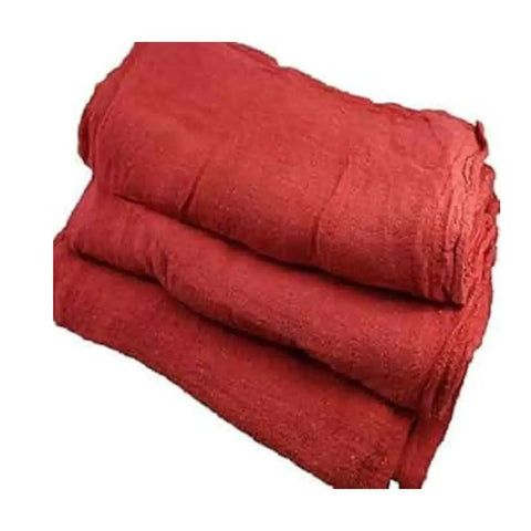 Heavy Duty White And Red Shop Towels 50 Pack Workhorse Reusable Cotton Rags, shown folded, for garage auto shop cleaning, lint-free.