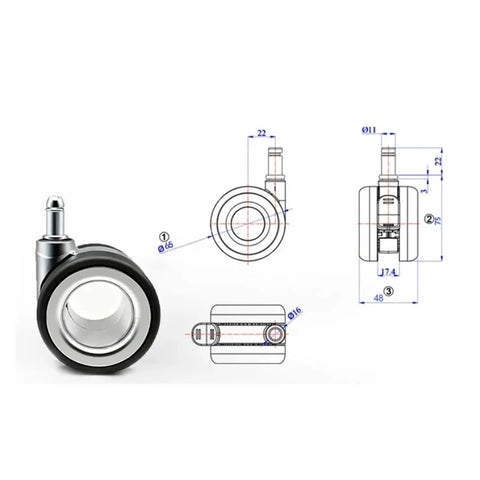 Five Pack M11 Stem Snap Ring Replacement Casters For Gaming Chairs With Silent Tpu Build and 360 swivel dimensions diagram.