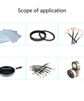 Scope of application showcasing various items including seals, wires, cookware, and tapes, related to Dry PTFE Powder Lubricant 1.6 Micron, 50g White Non Staining Formula For Locks, Bike Parts, And Musical Instruments, Clean Friction Fighter For Smooth Shifting, Quiet Bearings, And Long Lasting Protection