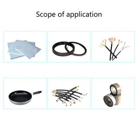 Scope of application showcasing various items including seals, wires, cookware, and tapes, related to Dry PTFE Powder Lubricant 1.6 Micron, 50g White Non Staining Formula For Locks, Bike Parts, And Musical Instruments, Clean Friction Fighter For Smooth Shifting, Quiet Bearings, And Long Lasting Protection