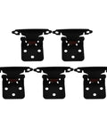 Five black self closing steel cabinet hinges with spring load for RV doors and camper cabinets, half overlay design.
