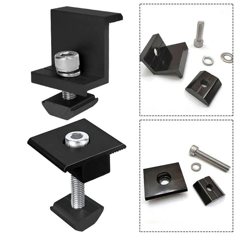 Built Like A Tank Black Aluminum Solar Module Mounting Kit With Center End Clamps And Premium Stainless Steel Screws for 30Mm 35Mm 40Mm Panels close-up.