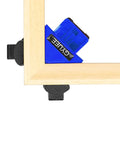 90 Degree Angle Clamps Set Of 4 For Woodworking Right Angle Corner Clips and Adjustable Shelf Fixers in use on wood frame, blue clip