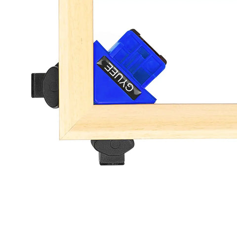90 Degree Angle Clamps Set Of 4 For Woodworking Right Angle Corner Clips and Adjustable Shelf Fixers in use on wood frame, blue clip