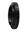 M42 T Ring Adapter For Nikon DSLR Cameras With Beefy Aluminum Build And Smooth Oxide Finish angled view showing thread details