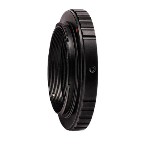 M42 T Ring Adapter For Nikon DSLR Cameras With Beefy Aluminum Build And Smooth Oxide Finish angled view showing thread details