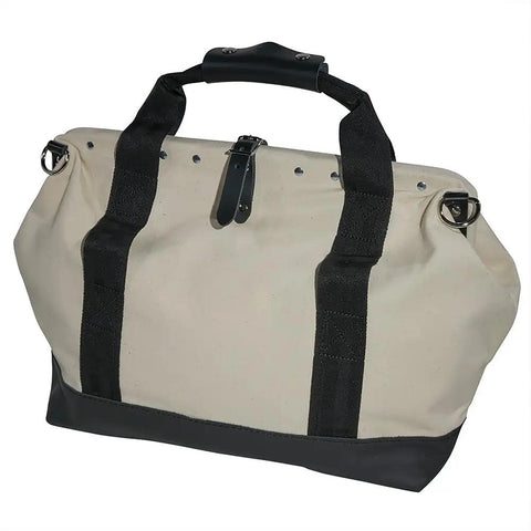 Canvas Tool Bag With Leather Bottom And Wide Opening For Easy Access, 18 Inch, 11 Pockets, No 8 Natural Canvas, Steel Frame Mouth