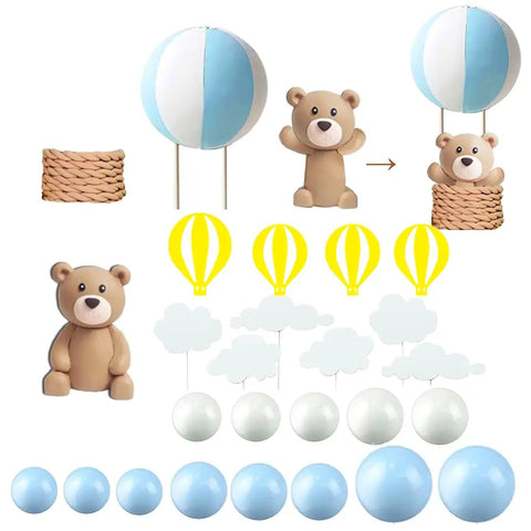 Hot Air Balloon Cake Topper Set With White Cloud Accents And Cute Bears For Cakes And Desserts Includes Balloon Basket Two Bears Six White Cloud Pieces And Color Balls For Fun Party Decorating.