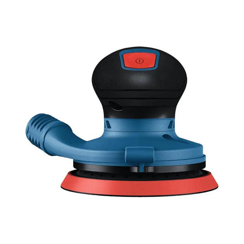 12V Max Brushless 5 Inch Random Orbit Sander with ergonomic palm grip, visible red and black design, soft start feature