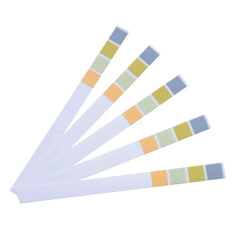 Five pH Test Strips 0 To 14 Universal Application, 100 Strips displayed with color scale for Saliva Water Food Liquids Soil Testing