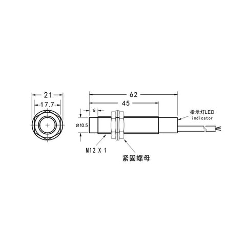 Technical drawing of Capacitive Proximity Sensor Switch M12 5mm Adjustable Sensing Distance For Metal Plastic Glass Wood PNP No