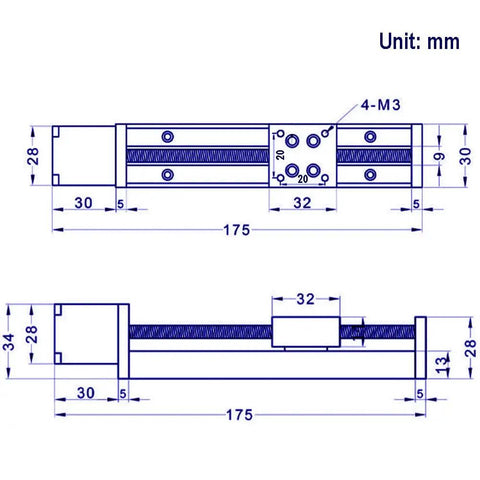 Technical drawing of Compact Mini Linear Rail Guide Kit with Lead Screw T6x1 and Nema 11 Stepper Motor, dimensions shown.