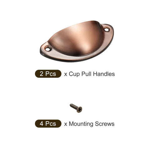 Solid As A Rock Copper Finish Carbon Steel Cup Handles Two Pack For Kitchen Drawers Dressers And Cabinets Easy Peasy Install showing 2 cup pull handles and screws.