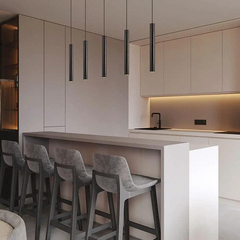 LED Pendant Light With Long Nordic Tube Design over modern kitchen island, four black fixtures, minimalist style, black finish