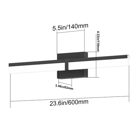 Black 24 Inch LED Vanity Light Fixture Over Mirror Sleek Modern Bath Bar With White 6000K Daylight Glow dimensions