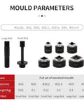 Mould parameter chart of Knockout Hole Punch Driver Kit With 6 Dies, 10 Ton Hydraulic Power, showing dies and rods sizes.
