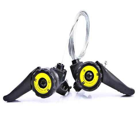 One Pair Universal Bicycle Shifters Thumb Gear Levers 15 18 21 Speed For Mountain Road Folding Bikes Left And Right Handlebar Shifters With Cable Easy Adjust Smooth Shifting, black plastic and metal, with yellow indicators and attached cable.